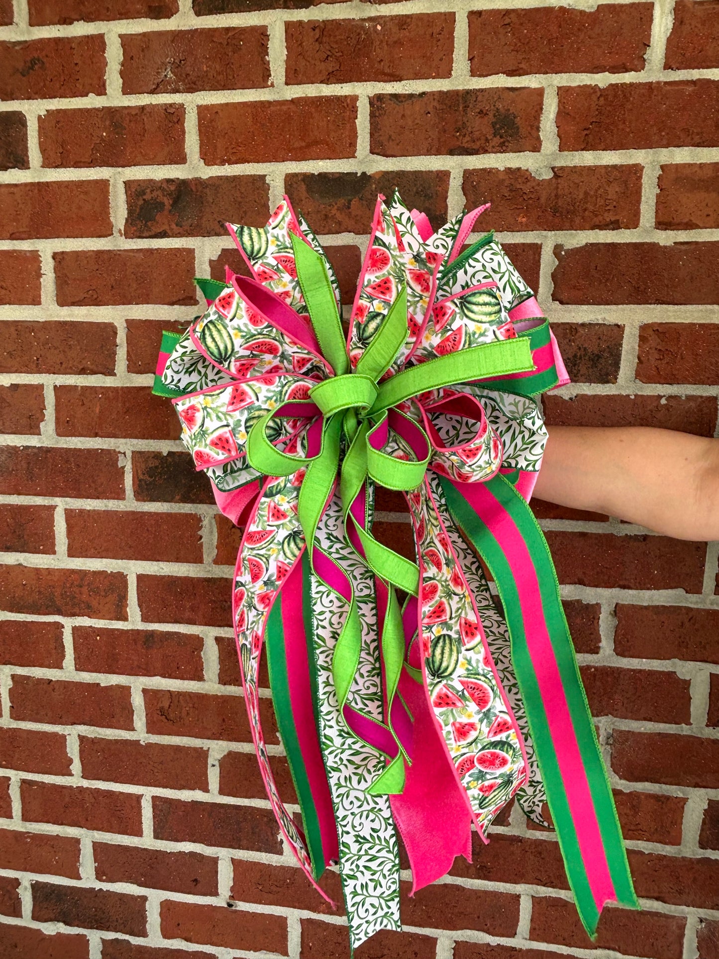 Watermelon and Green Stripe Bow | Standard Size